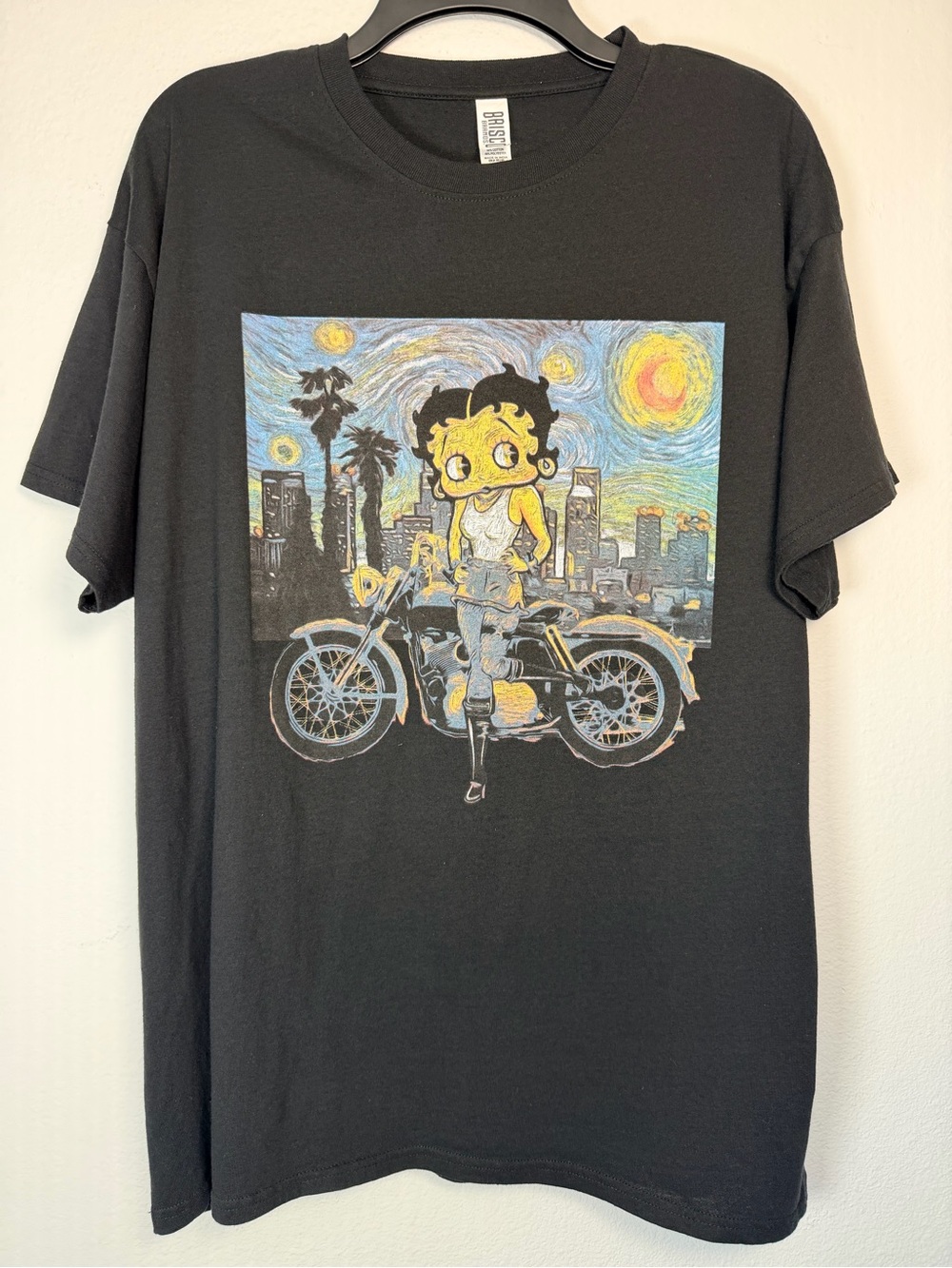 Betty Boop Starry Night Motorcycle Graphic T-Shirt XL Black Van Gogh Mashup
